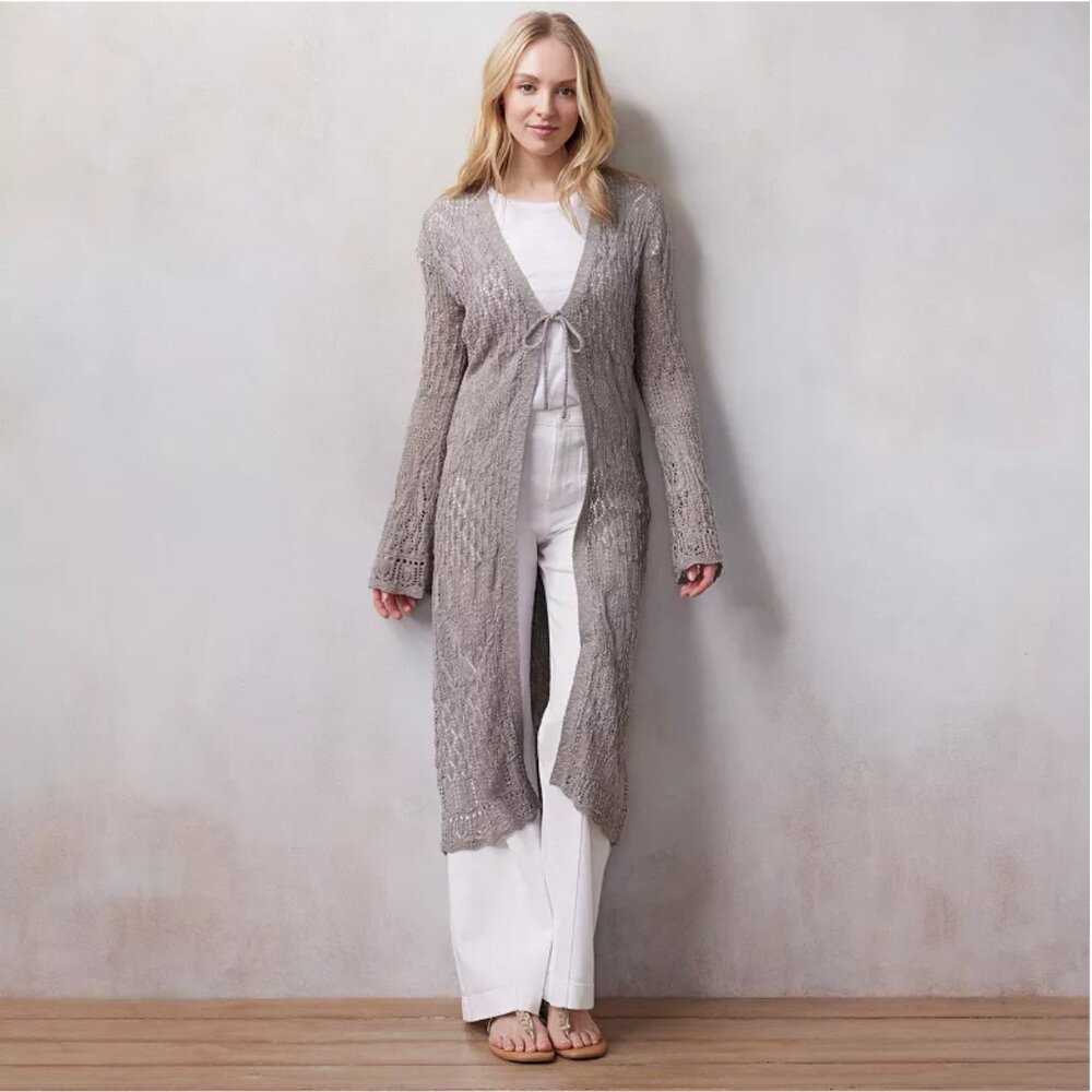 LC Lauren Conrad Long Pointelle Duster Cardigan, Taupe - Size M